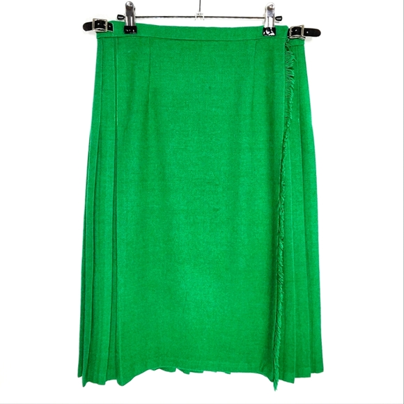 O'neil of Dublin Irish wool Kelly green pleated wrap style midi skirt 28" waist - Picture 1 of 9